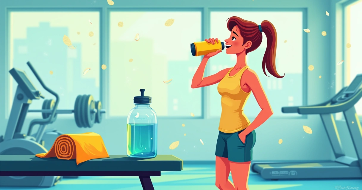 Cena de hidratação pós-treino com atleta sorridente bebendo de uma garrafa de esportes em uma academia.