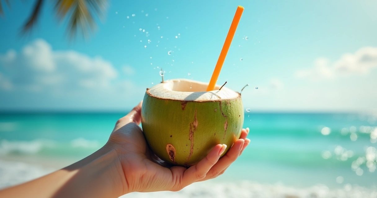 Pessoa segurando água de coco na praia sob sol forte 