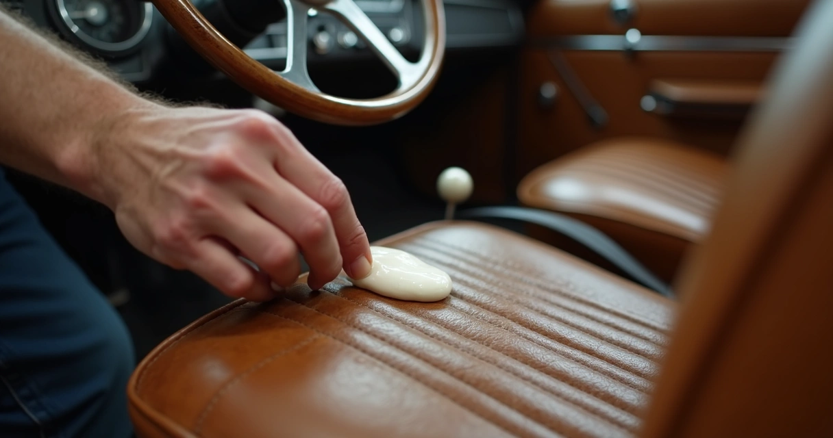 Especialista hidratando couro antigo de interior de carro clássico 