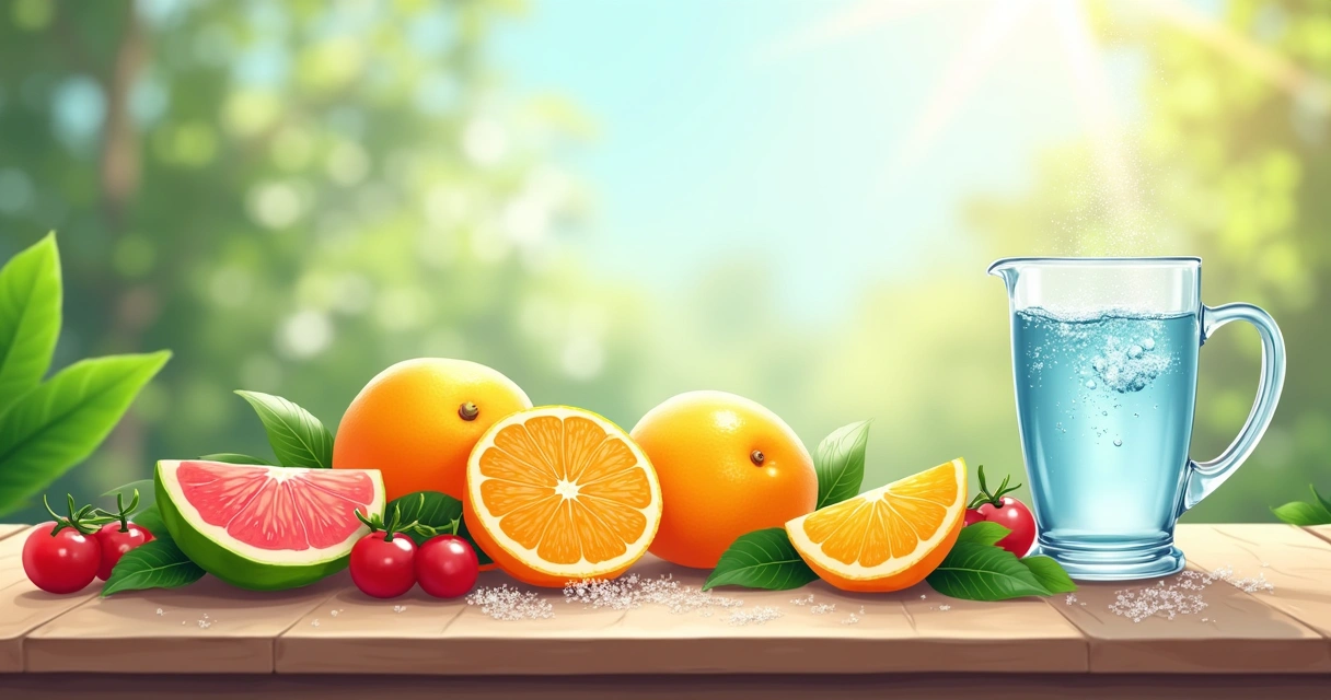 Uma mesa com frutas e vegetais refrescantes, copo de água e dicas de hidratação sobre saúde e energia.