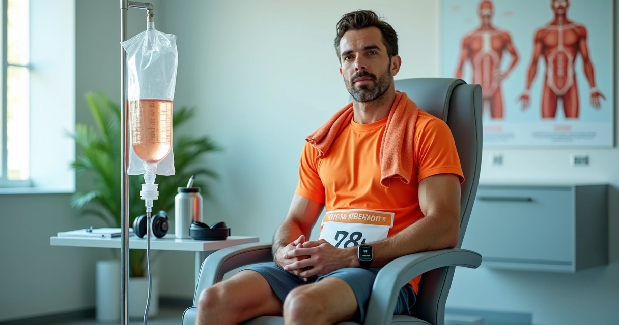 Atleta sentado em clínica recebendo hidratação intravenosa após treino intenso 