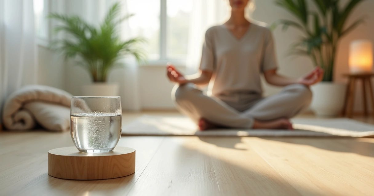 Copo de água ao lado de tapete de meditação em sala iluminada 