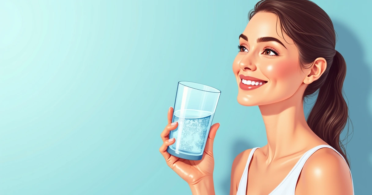 Mulher segurando copo de água com sorriso confiante 