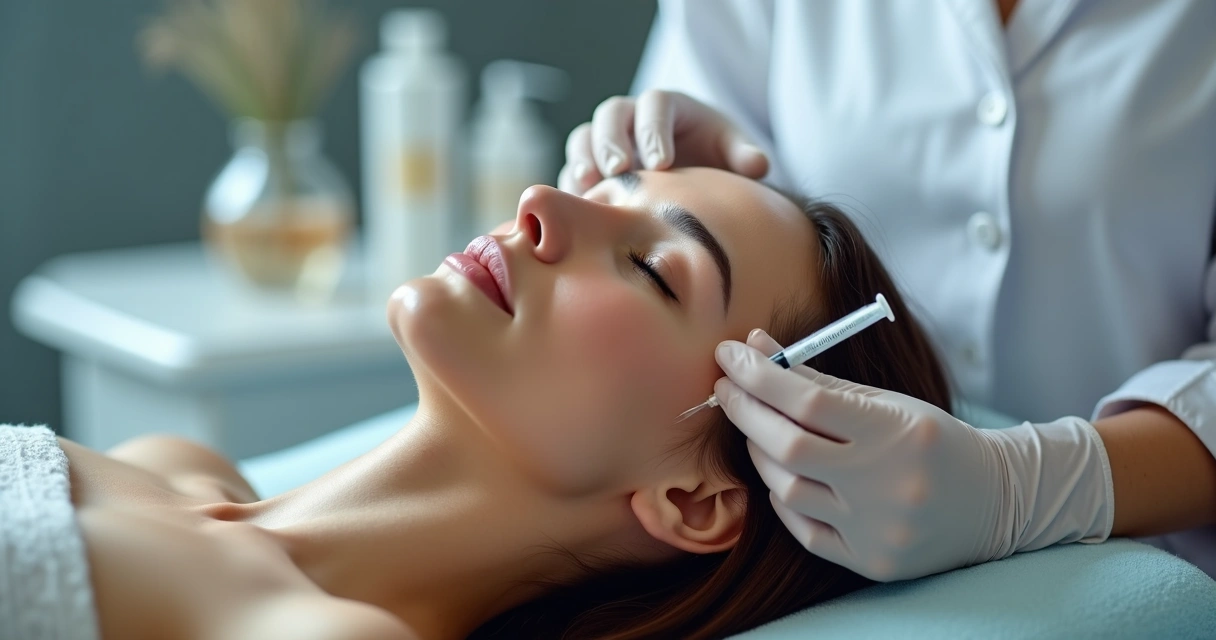 Como a hidratação injetável com skin booster melhora a pele? 1 Médico aplica injeções de skin booster no rosto de paciente em consultório de dermatologia