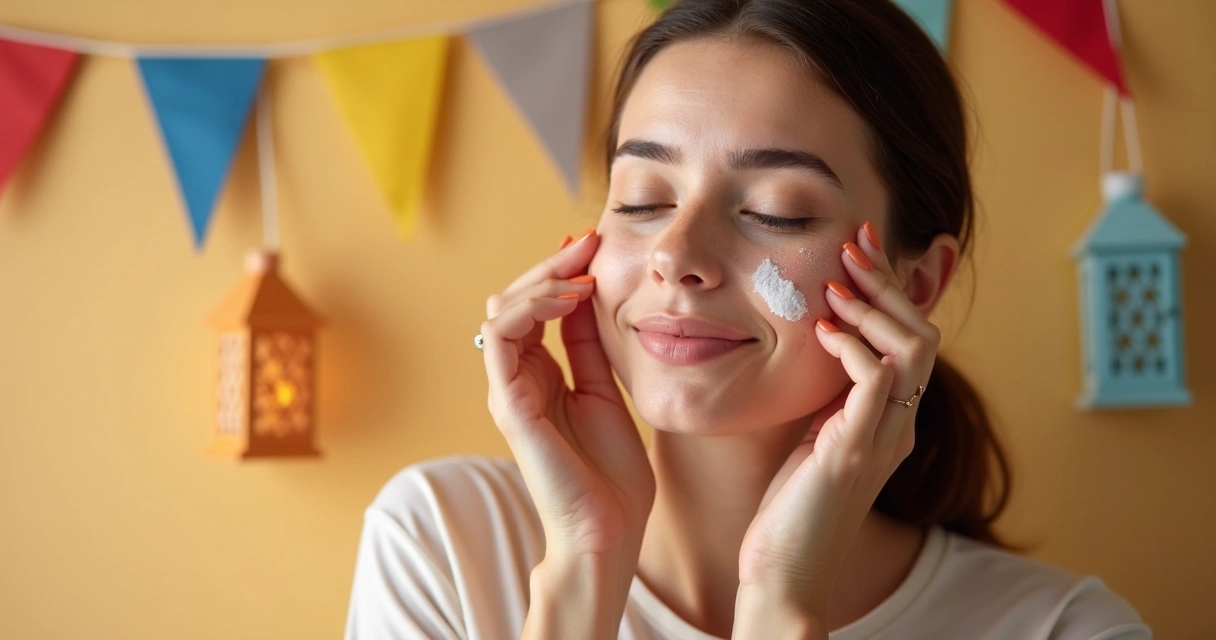 Mãos femininas aplicando hidratante facial delicadamente 