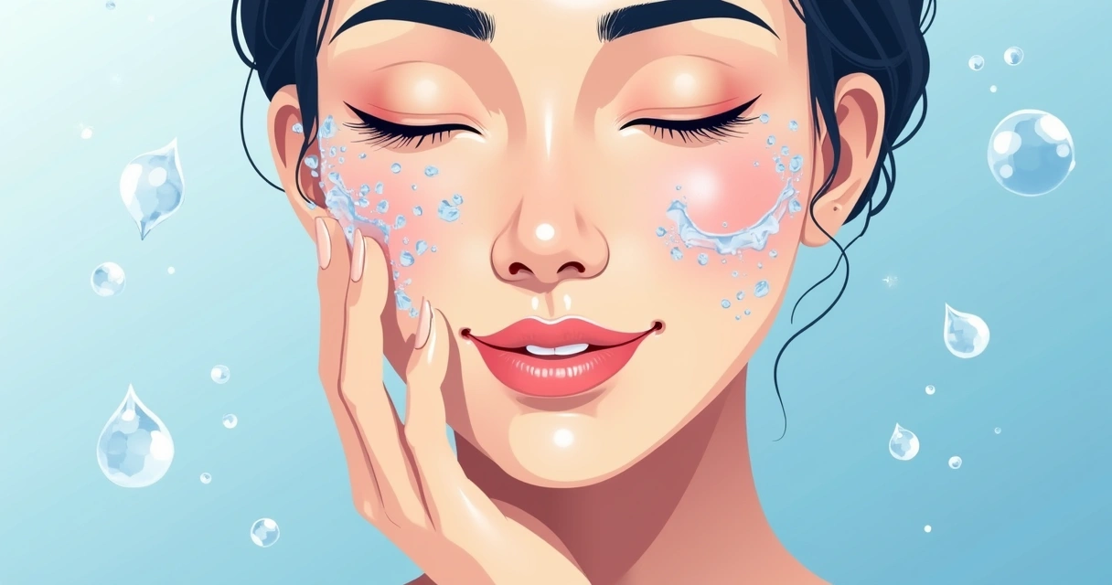 Mulher tocando o rosto com a pele hidratada, sorrindo levemente.