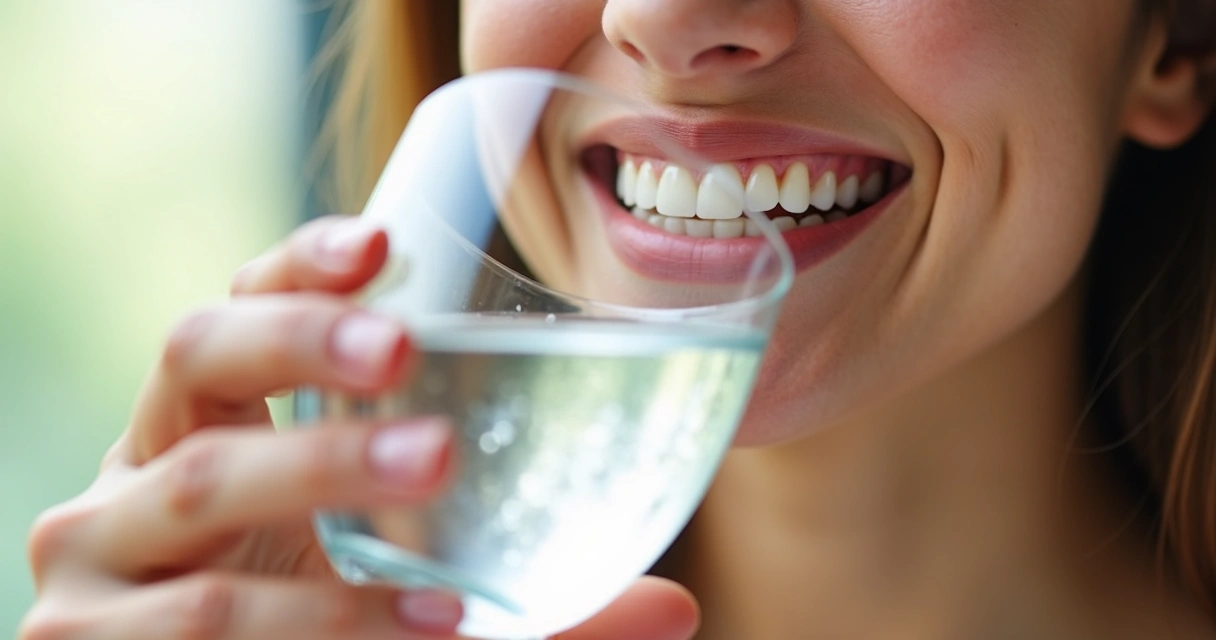 Pessoa sorrindo enquanto bebe água, com dentes aparentes 