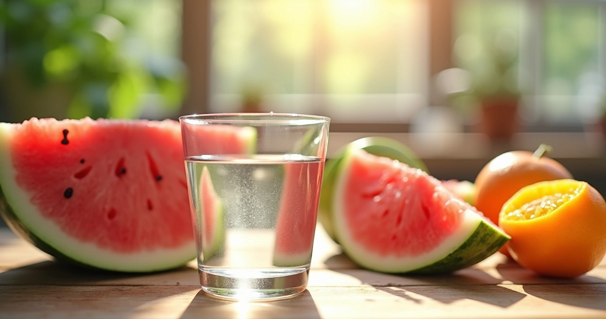 Copo de água ao lado de fatias de melancia e laranja 