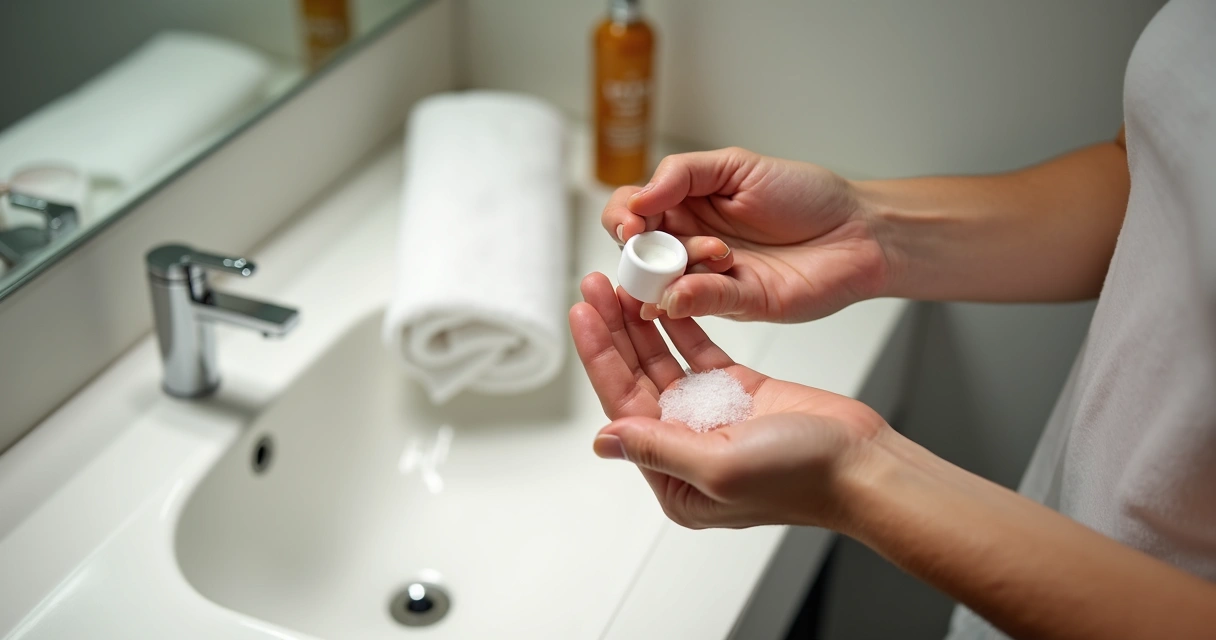 Aplicação de hidratante no rosto, próximo a frasco de protetor solar 