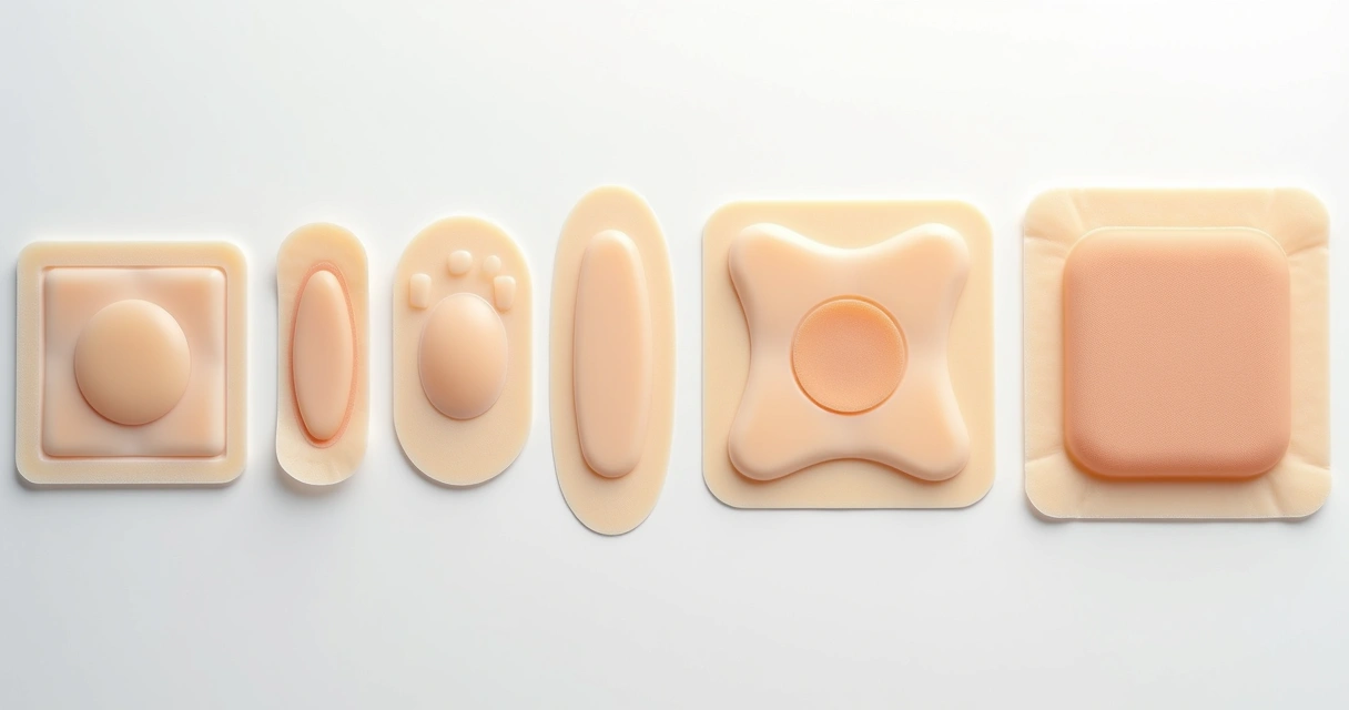 Diversos modelos e tamanhos de curativos hidrocoloides sobre fundo branco 