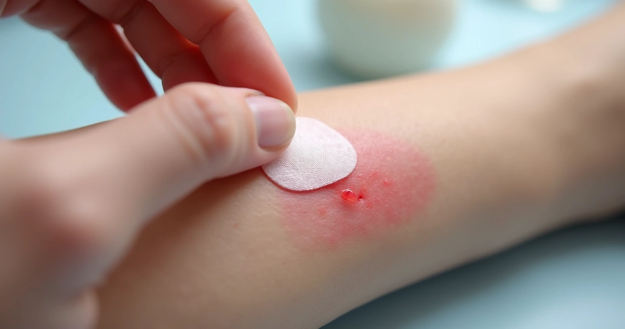 Curativo hidrocoloide sendo aplicado em ferida aberta 