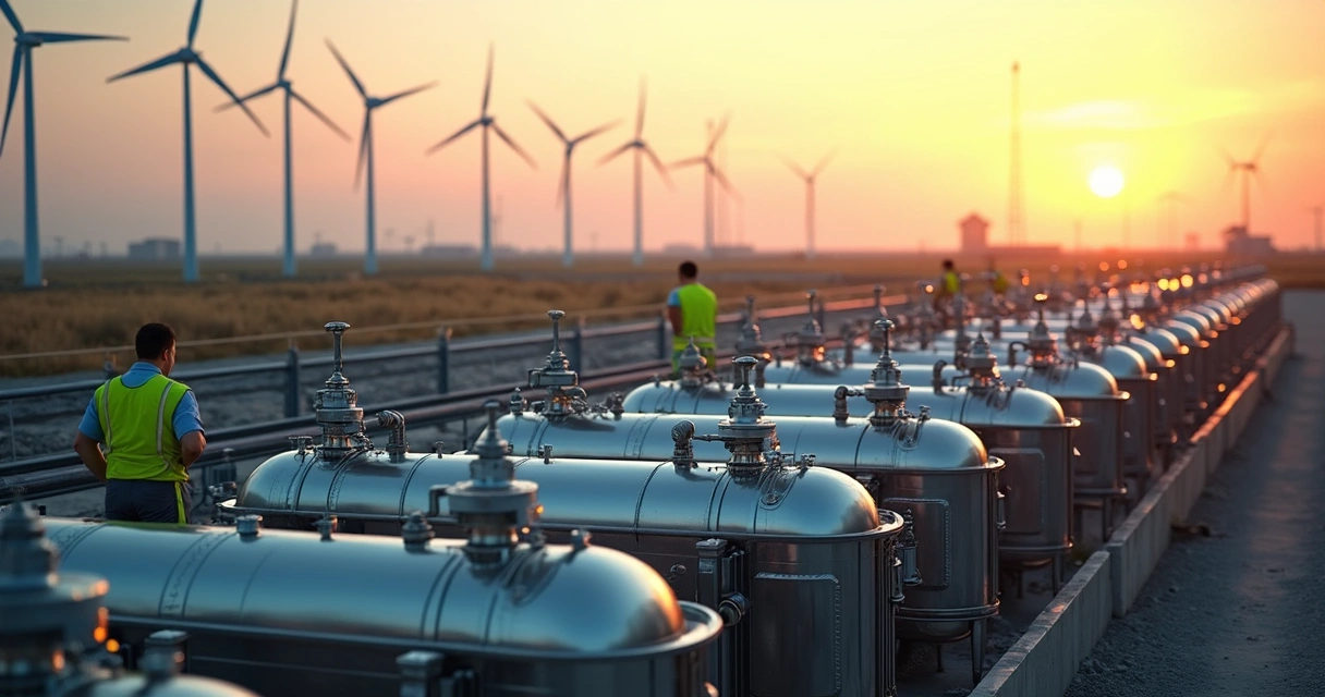 Eletrolisador industrial produzindo hidrogênio com turbinas eólicas ao fundo 