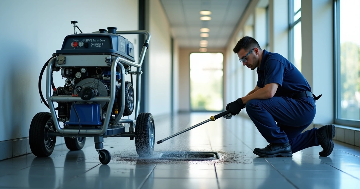 Técnico aplicando hidrojateamento em tubulação entupida num edifício comercial 