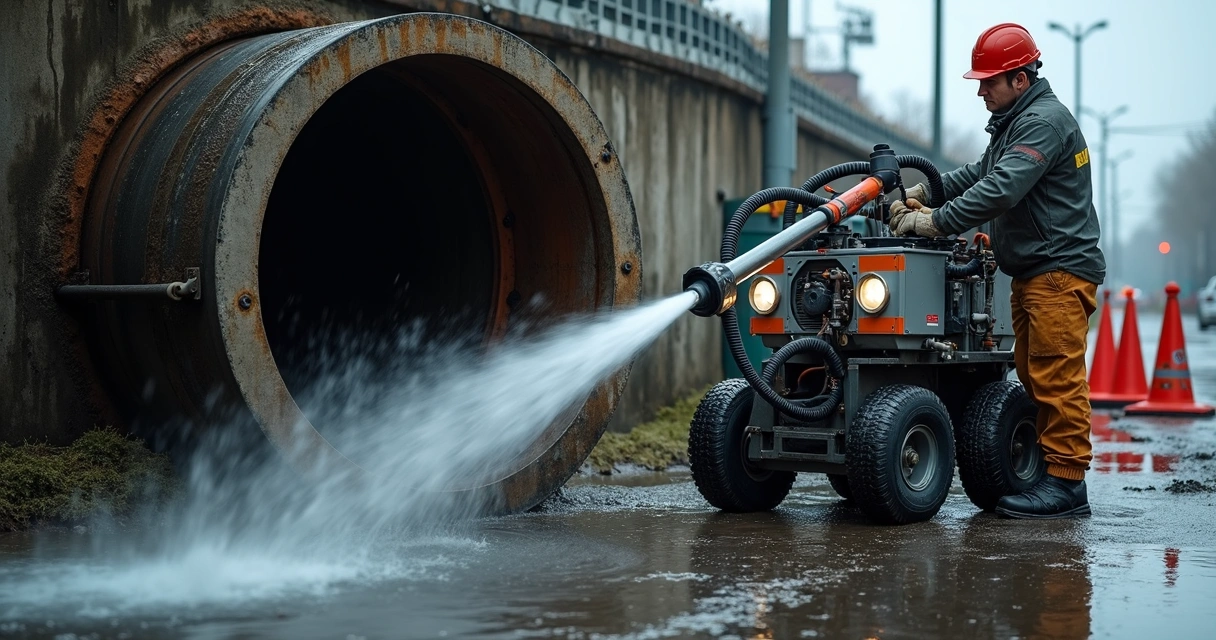Profissional operando máquina de hidrojateamento em tubulação de esgoto