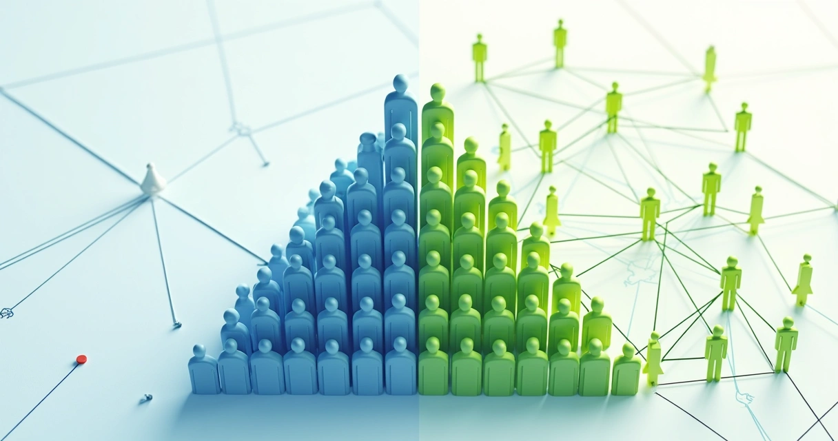 Side-by-side illustration of hierarchical and networked organization structures 