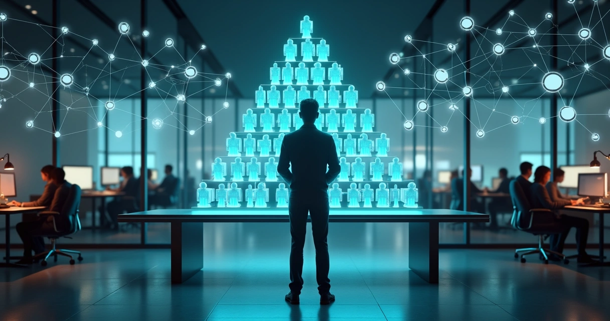 Business leader facing a hierarchical pyramid on one side and a network of connected nodes on the other 