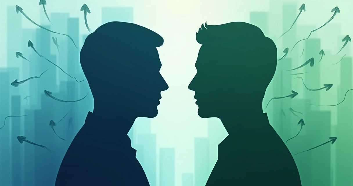 Illustration of arrows between two silhouetted figures of coach and client indicating shifting roles and influence.