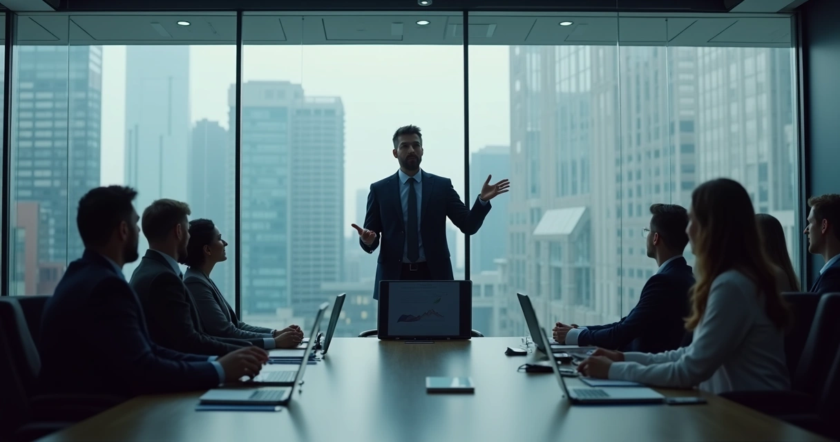 Manager giving instructions from the front of a meeting room to attentive employees