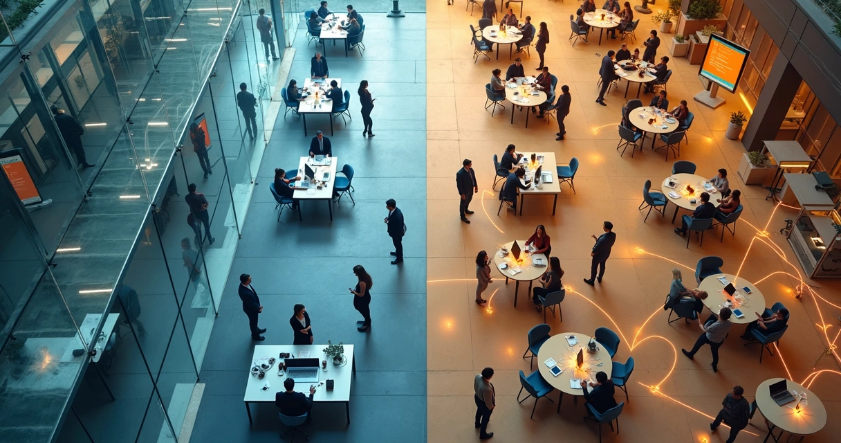 Split-screen comparison of hierarchical and networked organizational structures 