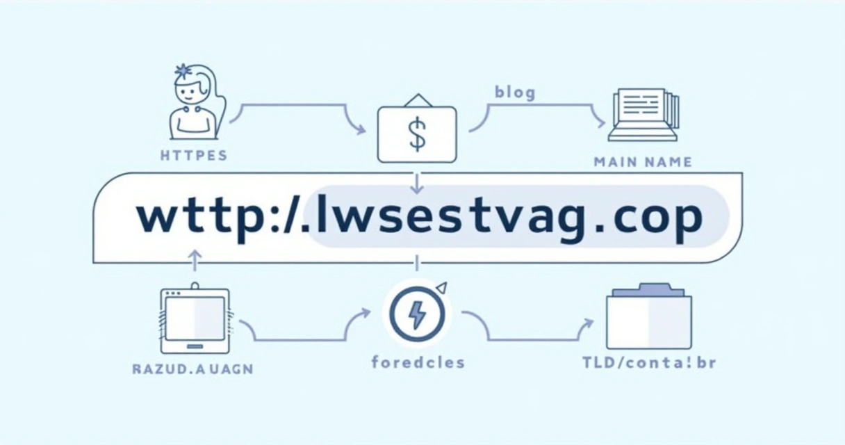 Estrutura de um domínio de site com protocolo, subdomínio, nome e extensão 
