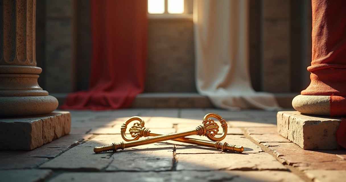 Symbolic objects from The Hierophant tarot card in red and gold 