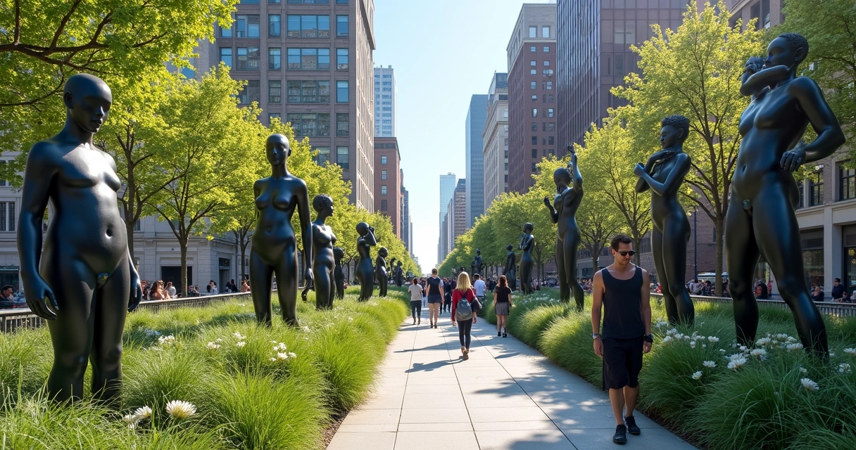 Esculturas no High Line Park com pessoas caminhando 