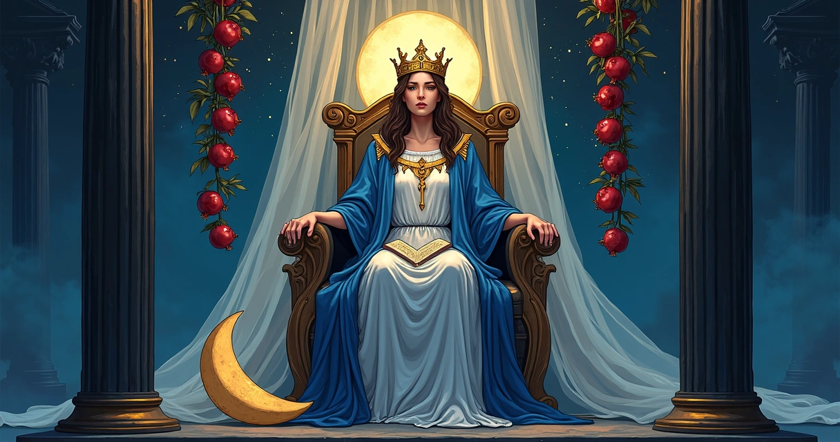 High Priestess tarot card illustration with moon, pillars, and scroll 