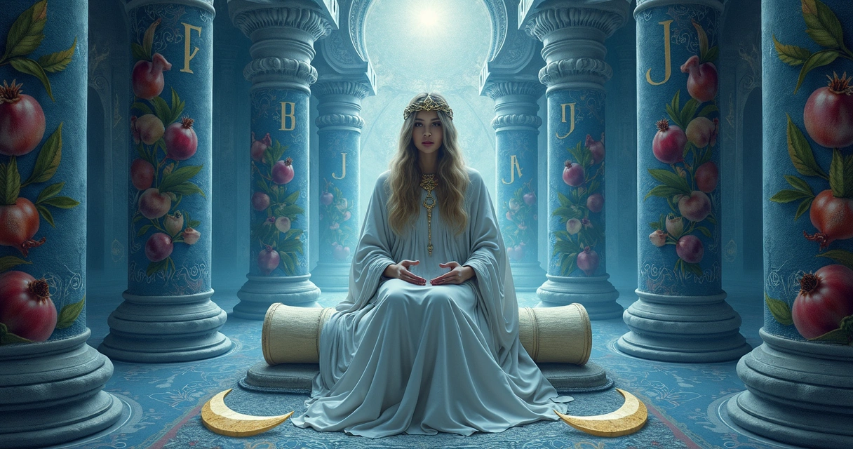 The High Priestess tarot card showing a woman between two pillars, moon at her feet, holding a scroll, surrounded by pomegranates 
