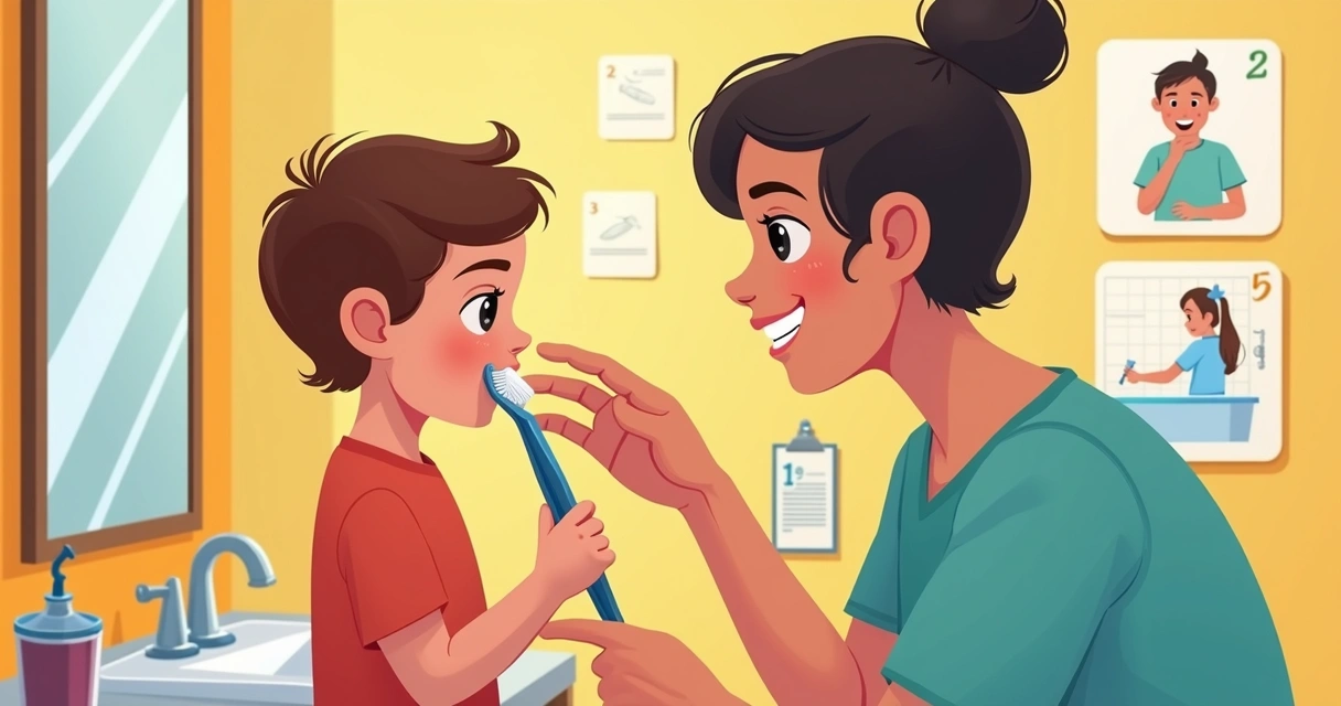 Criança autista recebendo ajuda para escovar os dentes com ilustrações de rotina visual ao lado. 