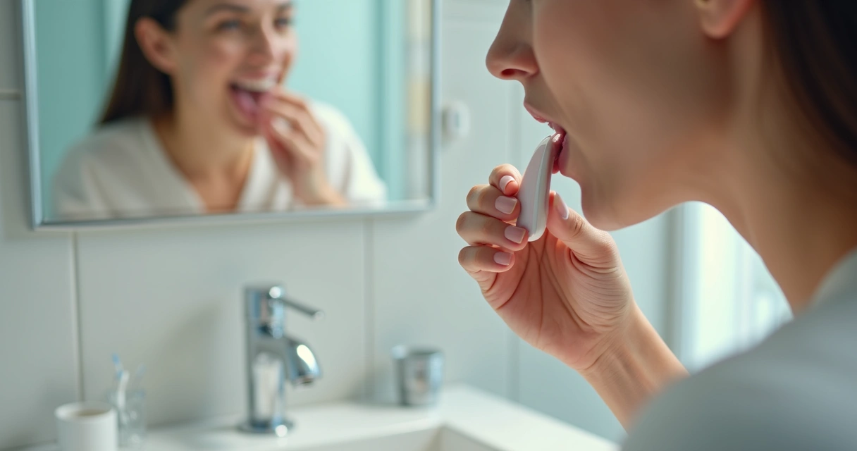 Pessoa fazendo higiene da língua no espelho do banheiro