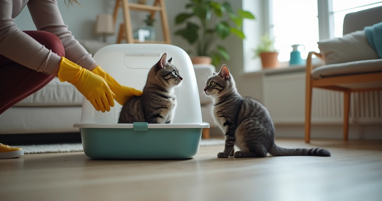 Pessoa limpando caixa de areia de gato cinza em casa 