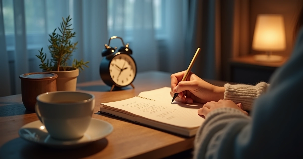 Pessoa organizando rotina de sono com caderno e relógio 