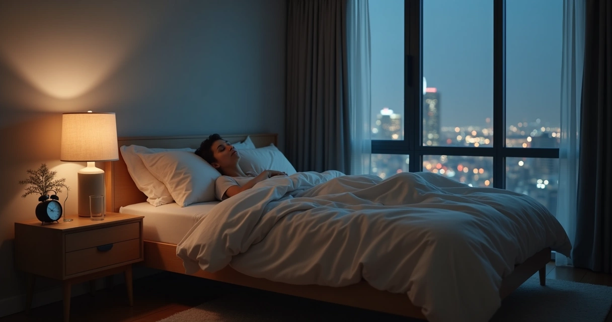 Pessoa deitada em cama confortável em quarto escuro e aconchegante, usando luminária suave e sem eletrônicos visíveis 