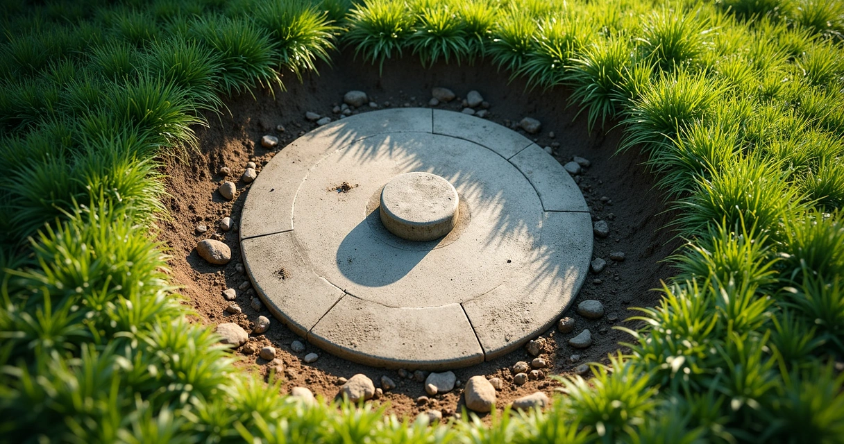 Tampa de fossa séptica fechada em quintal gramado, sem lixo por perto