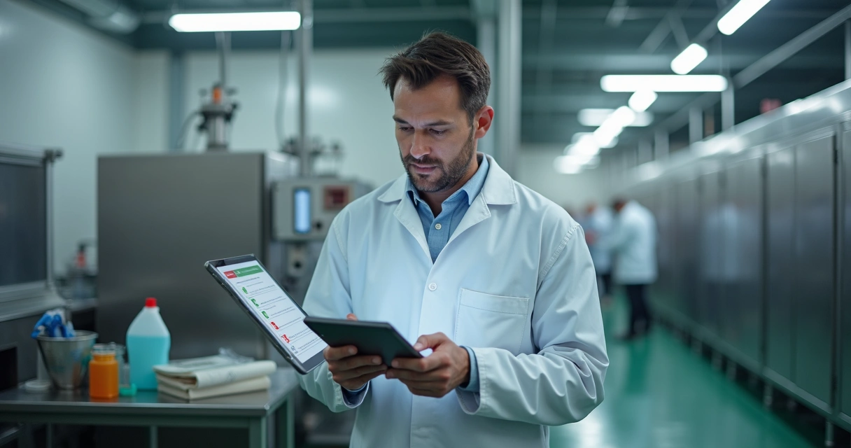 Supervisor confere checklist digital de higiene em tablet na fábrica