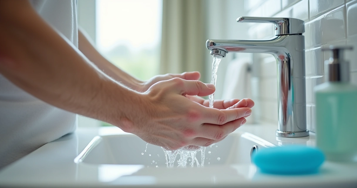 Homem lavando as mãos antes de cuidados íntimos 
