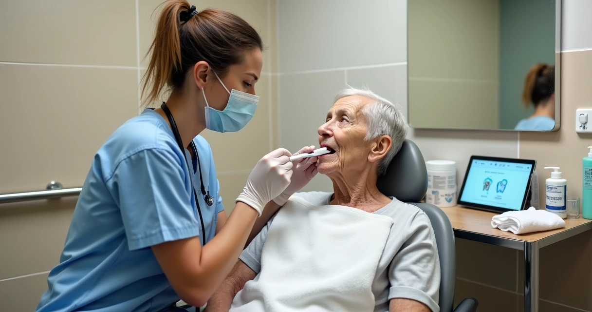 Cuidadora realizando higiene oral em idoso dependente em cadeira reclinável 