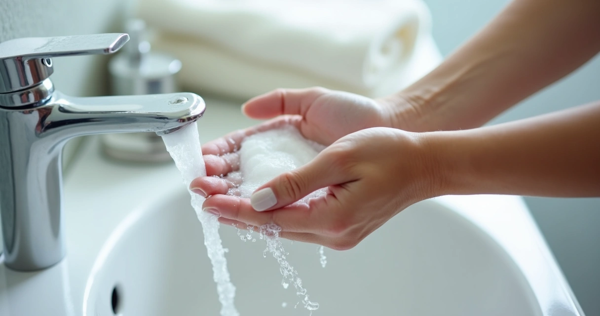 Pessoa lavando as mãos com sabão ao lado de uma pia