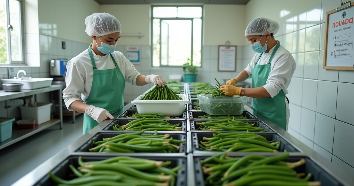 Colhedores selecionando moringa em bancada de aço inox com equipamentos de higiene 