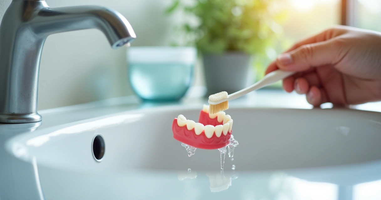 Prótese dentária sendo higienizada com escova e espelho 