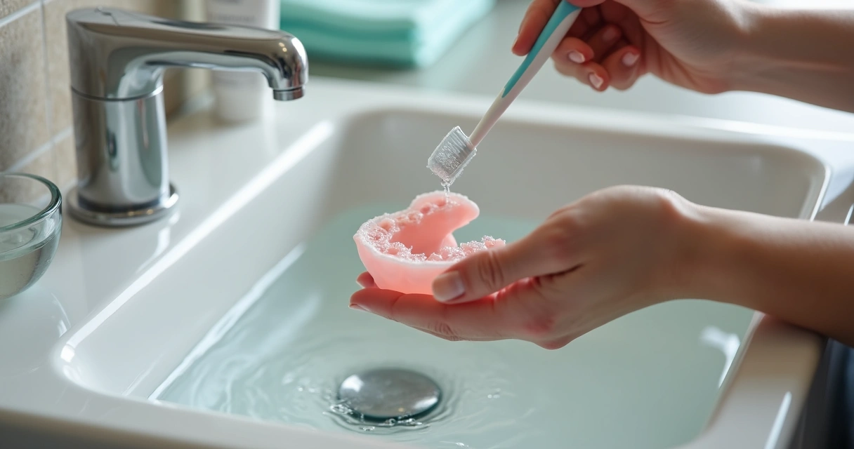 Mãos segurando prótese flexível sendo escovada em pia de banheiro com toalha no fundo 