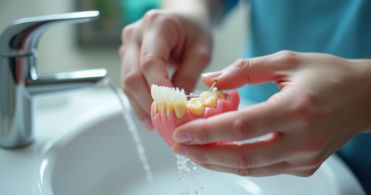 Pessoa limpando prótese flexível com escova macia sobre pia