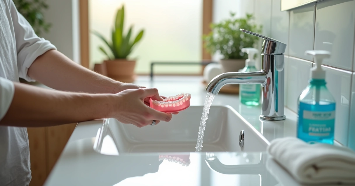 Paciente limpando prótese flexível com escova macia em banheiro iluminado 