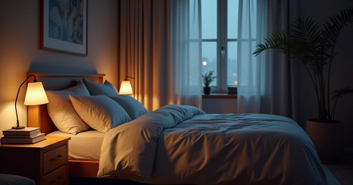 Quarto escuro, luz suave e ambiente tranquilo para dormir 
