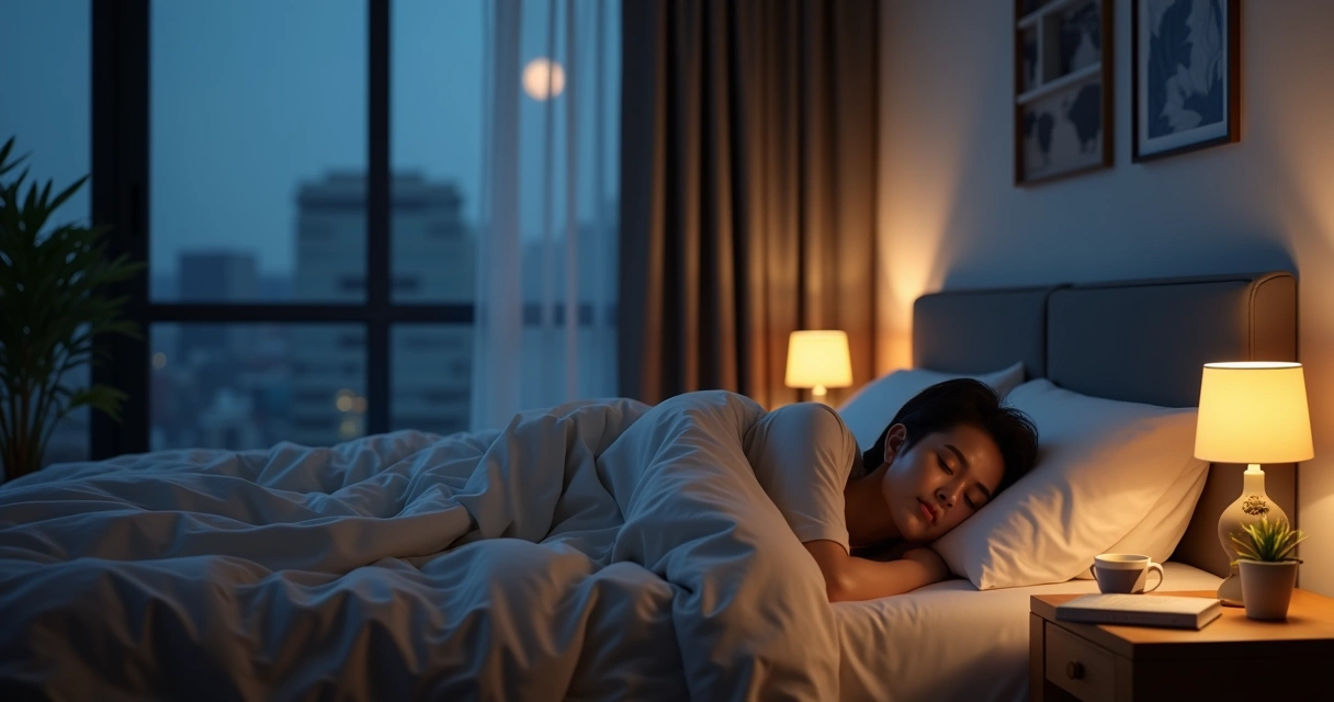 Quarto confortável escuro com pessoa adormecida tranquilamente 