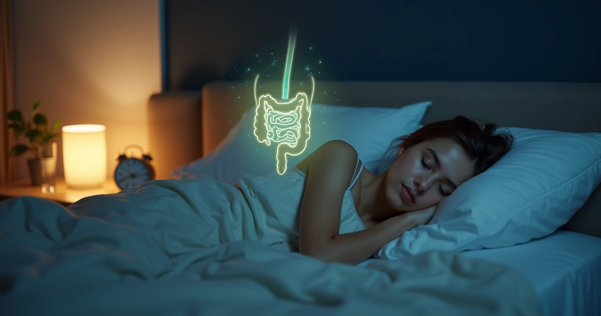 Pessoa dormindo bem com ilustrações do intestino saudável ao fundo 