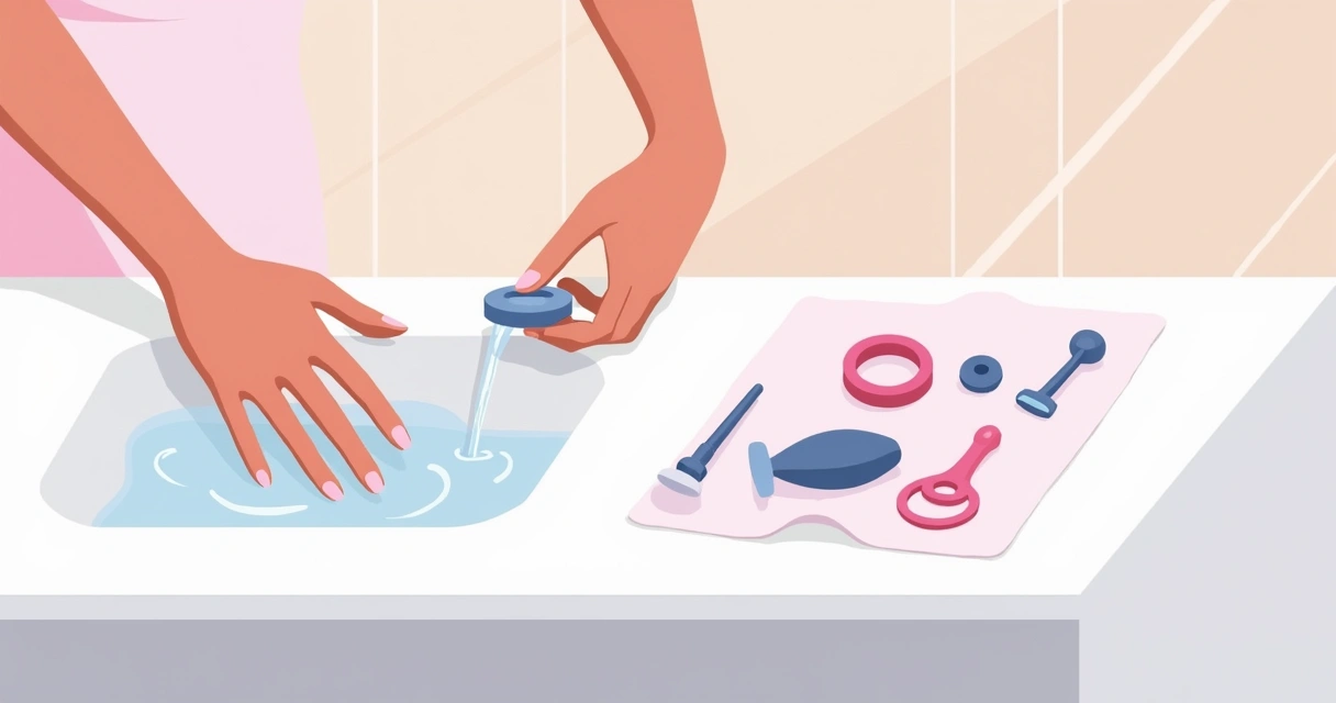 Acessórios eróticos sobre bancada branca sendo higienizados com água e sabão neutro, mãos femininas manuseando.