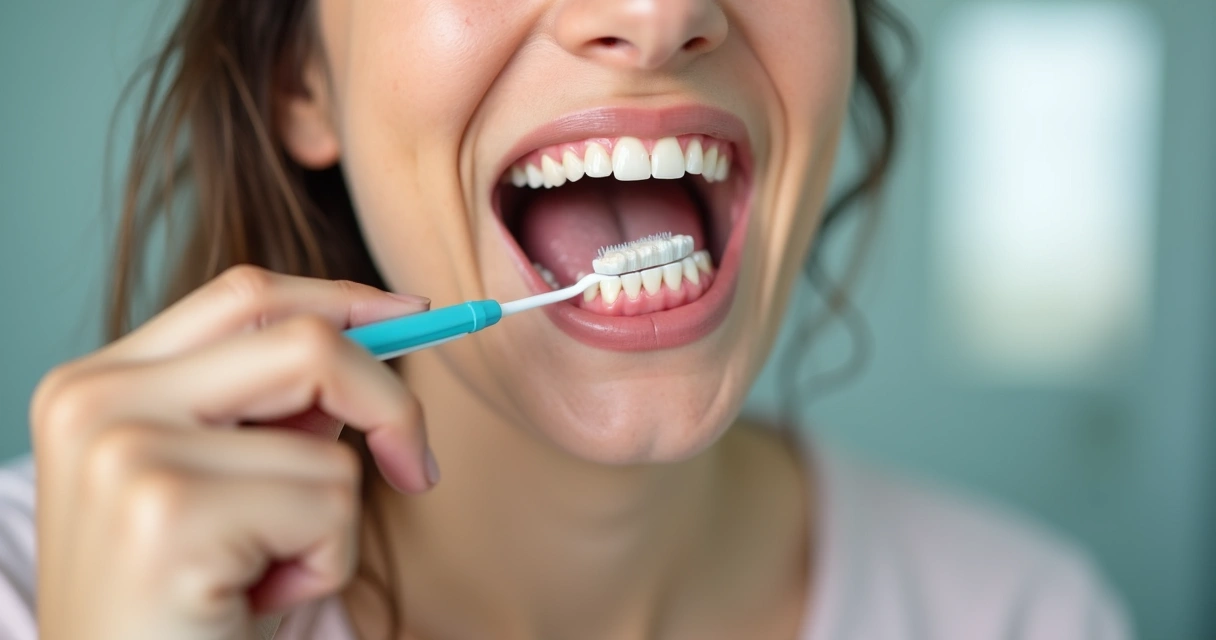 Pessoa escovando gengiva sem prótese na boca