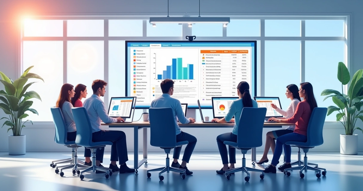 Equipe analisando limpa base de dados no escritório 