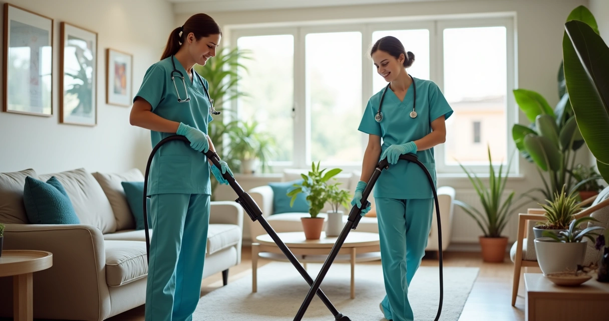 Cuidadores limpando sala de convivência em ILPI com aparelhos modernos de higienização 